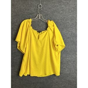 Adrienne Vittadini Womens Blouse Plus Size 3X Yellow Swiss Dot Boho Short Sleeve